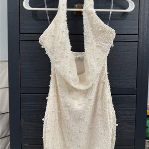 Oh Polly Cream Backless Dress with Pearl Details